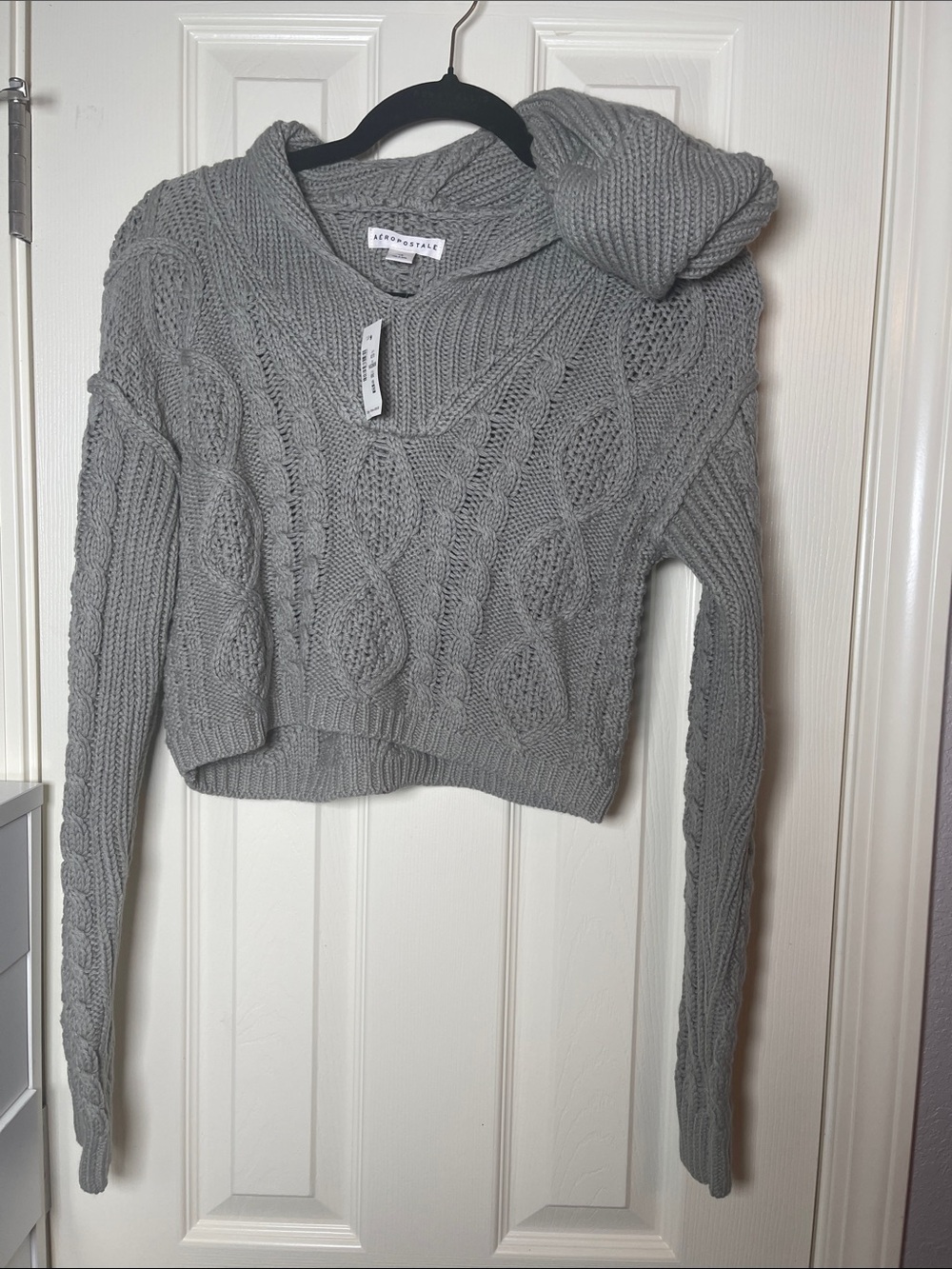 Aeropostale Light Sage Green Cable Knit Cropped Sweater With Hoodie